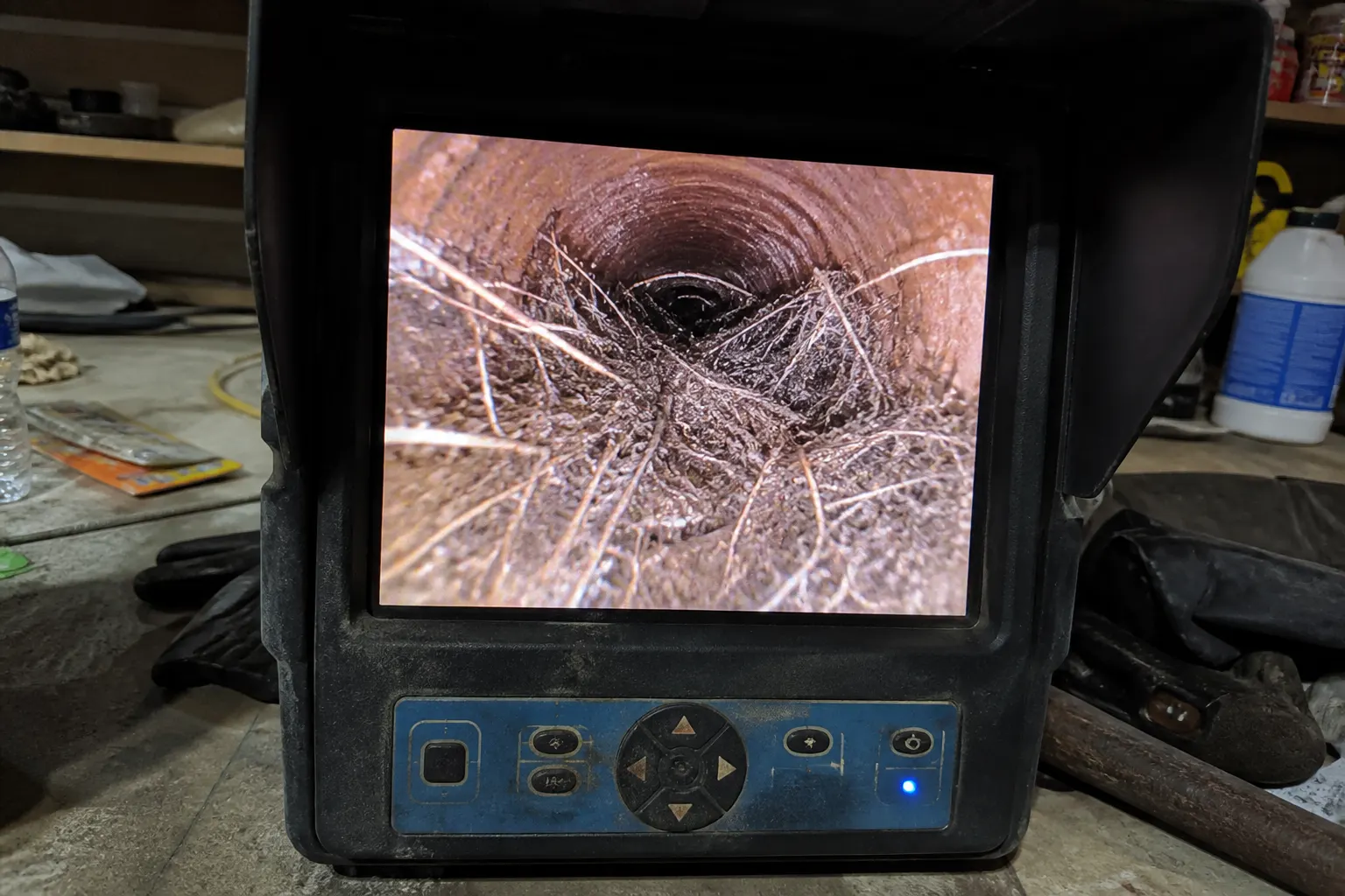 Sewer camera view of tree roots in a Tampa drain line