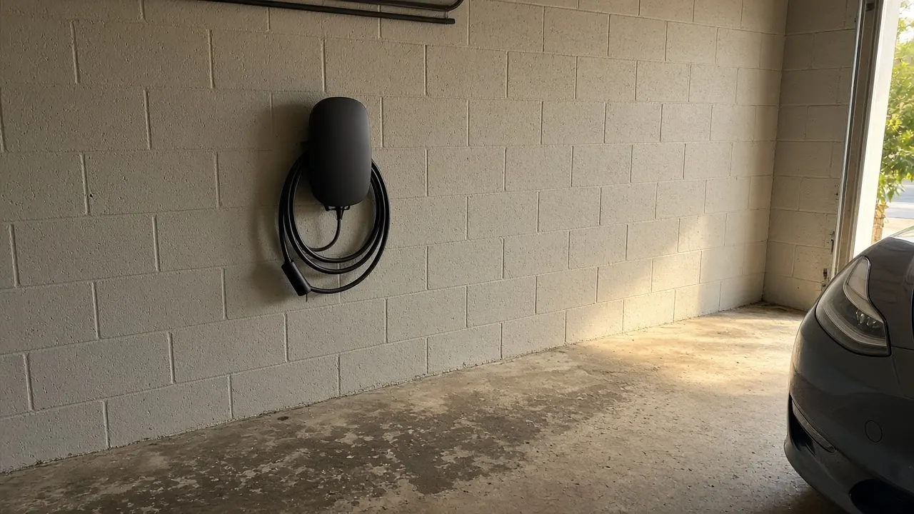 Level 2 EV charger on a Tampa garage wall