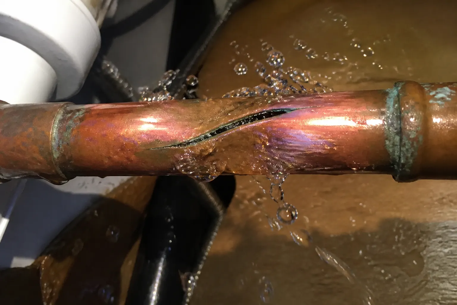 Burst copper pipe under a Tampa bathroom sink