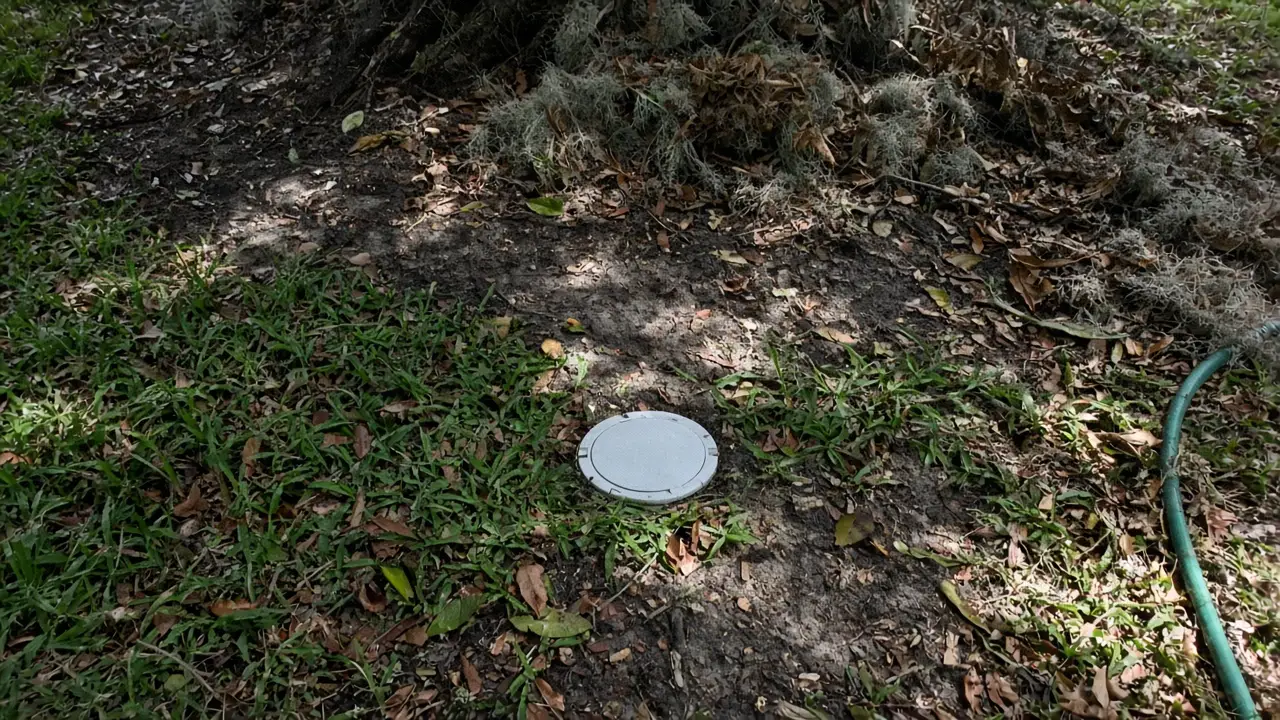 Sewer cleanout under a live oak in a Tampa yard