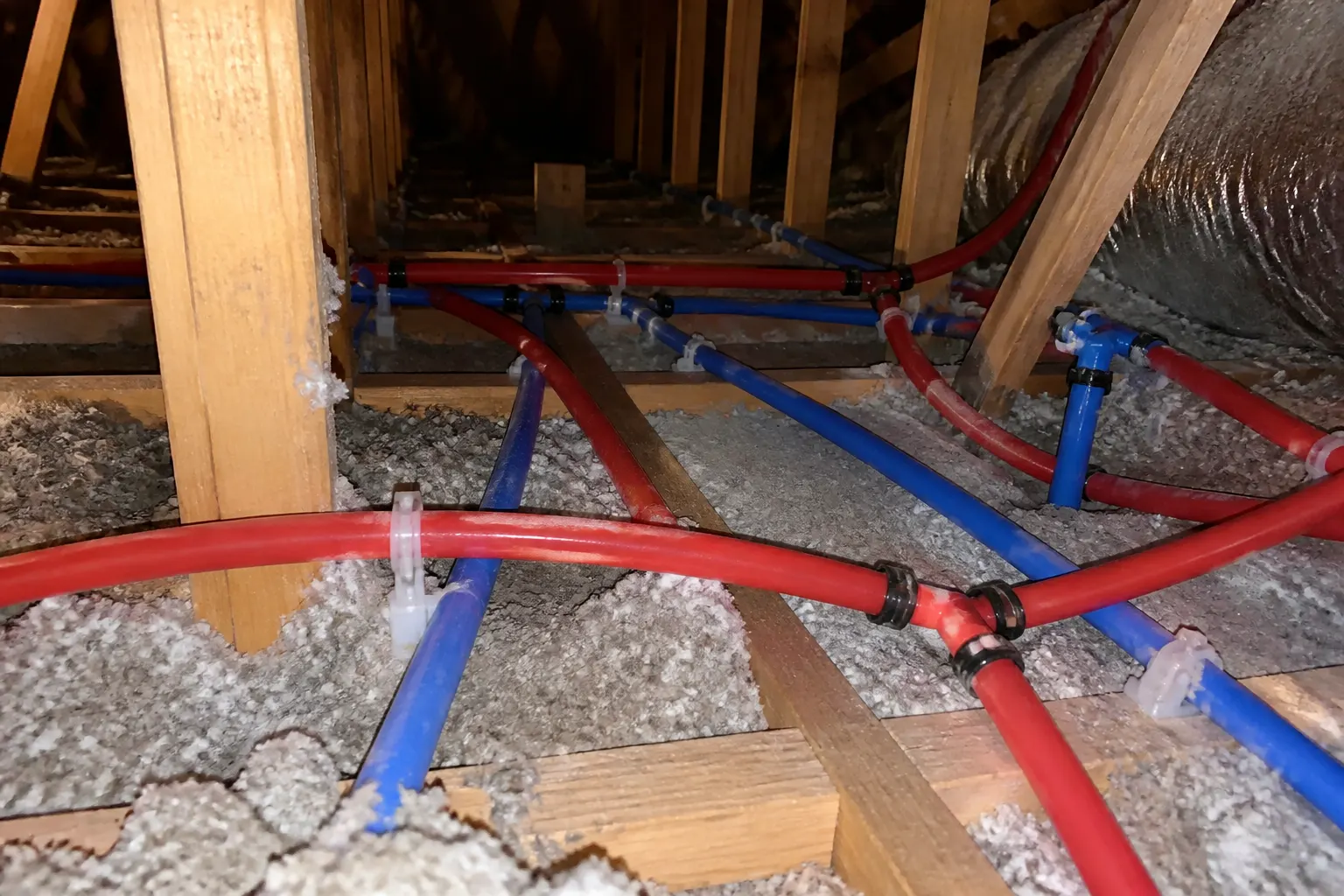 New PEX supply lines in a Tampa attic during a repipe New PEX supply lines in a Tampa attic during a repipe