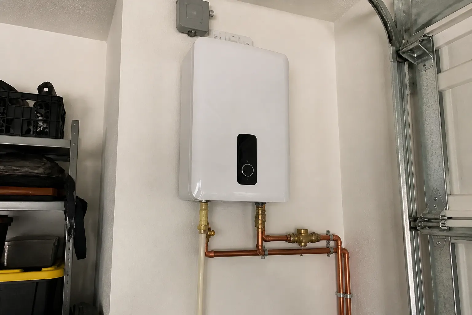 Tankless water heater installed on a Tampa garage wall