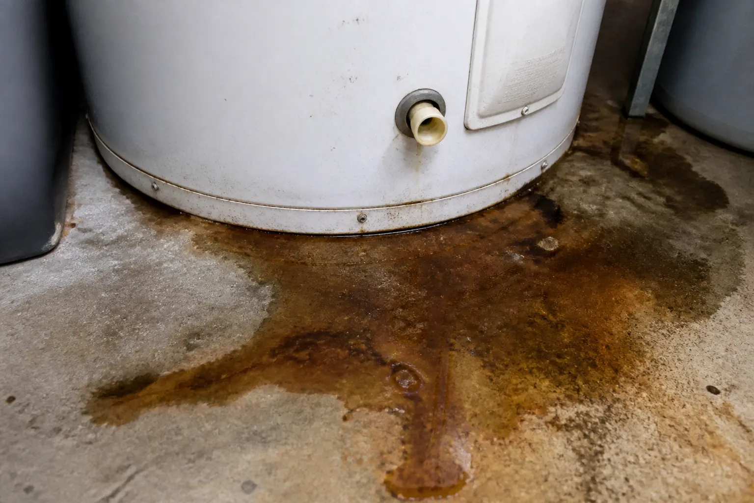 Leaking water heater tank with a rusty puddle on a Florida garage floor